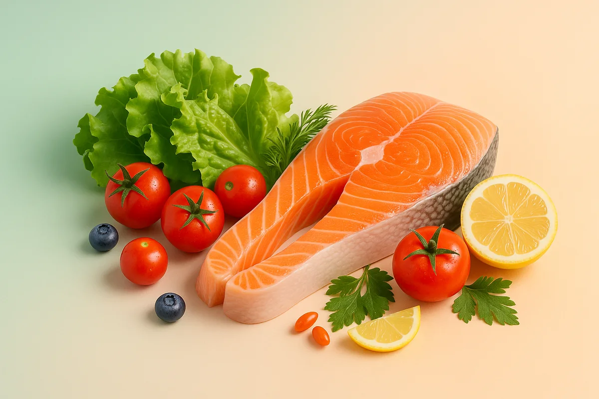 Salmon fillet with vegetables and lemon on a soft green to peach gradient background