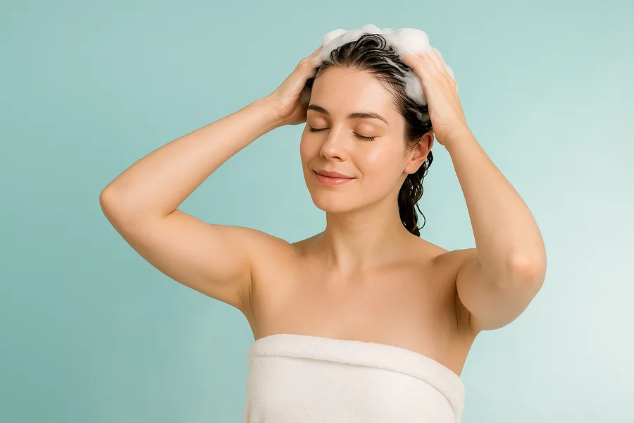 Woman washing her hair with shampoo lather on a soft aqua background