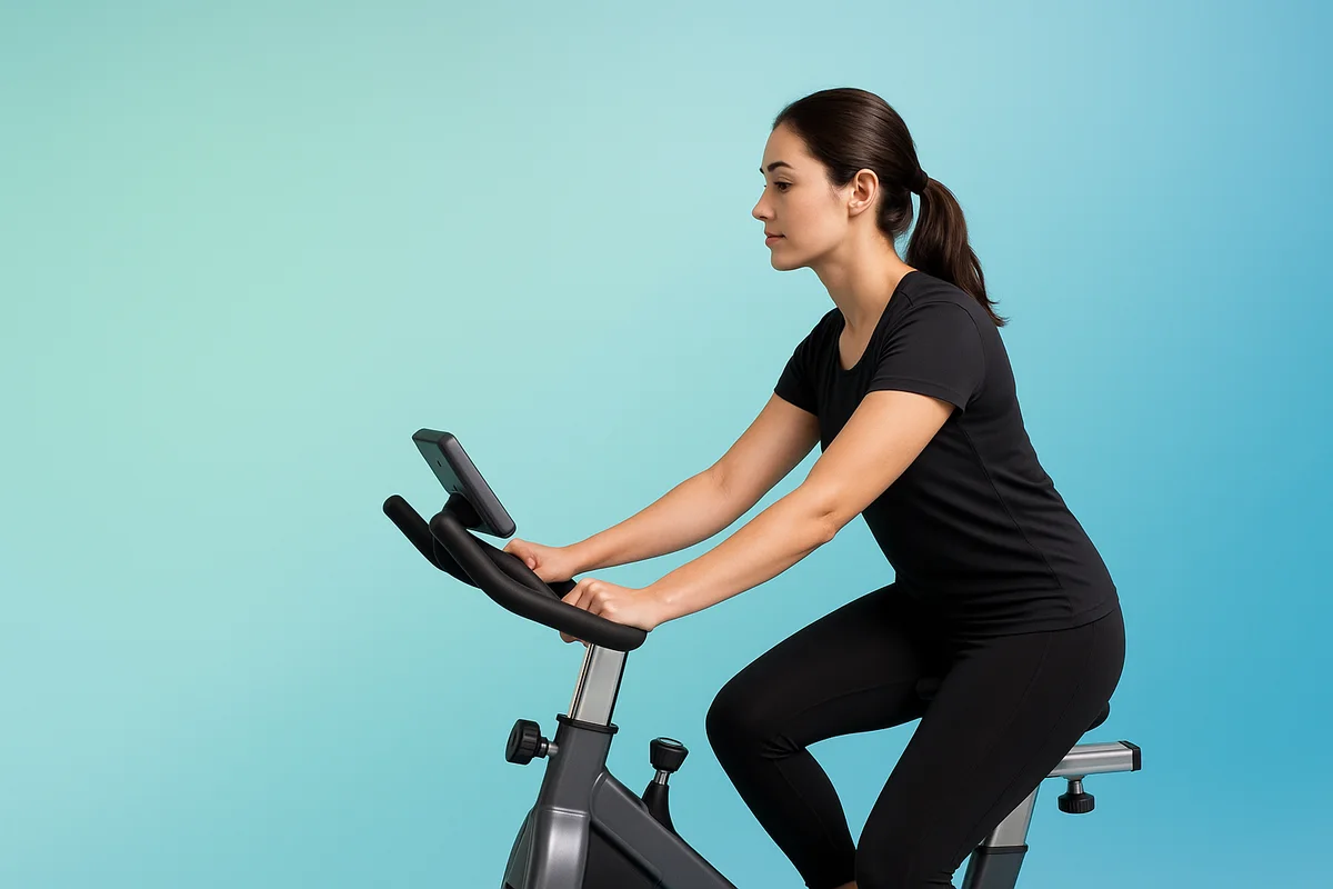 Woman riding a stationary exercise bike on a clean blue gradient background
