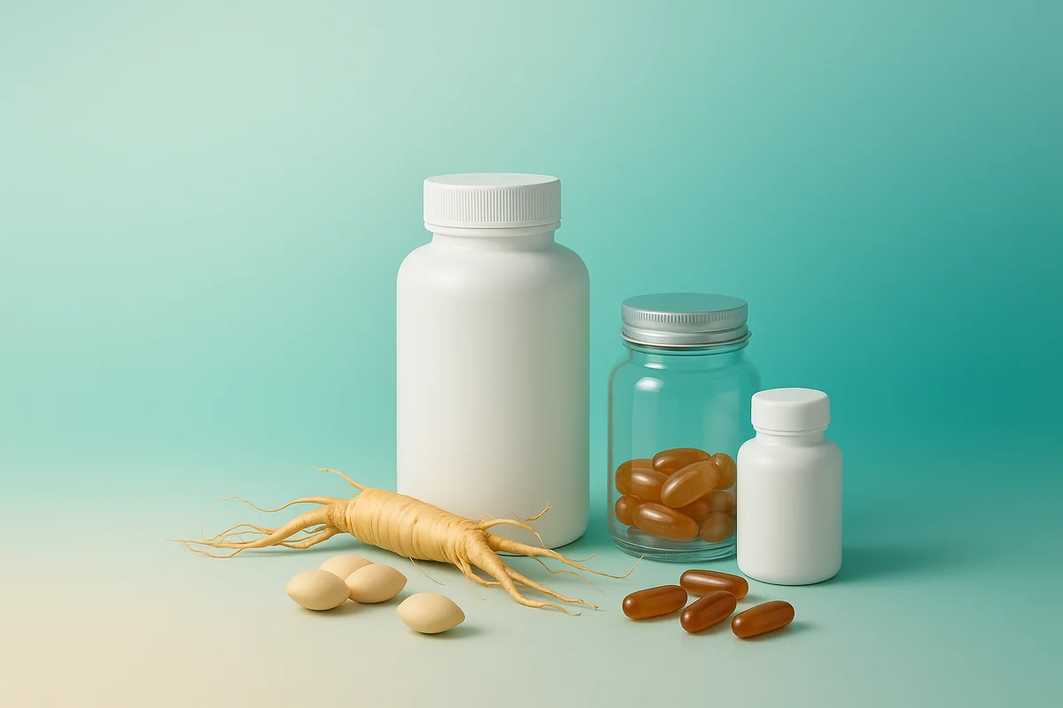 Vitamin bottles, capsules, and ginseng root on a soft teal gradient background