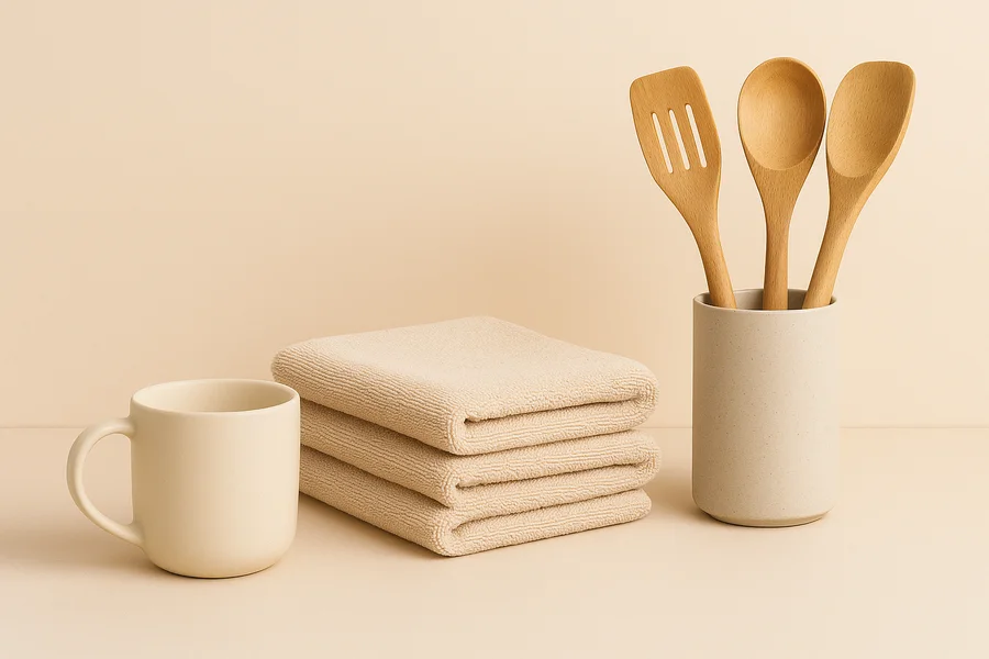 Home essentials with towels, mug, and utensils on a warm neutral background